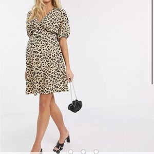 ASOS DESIGN Maternity tie front mini tea dress in leopard print Size 4